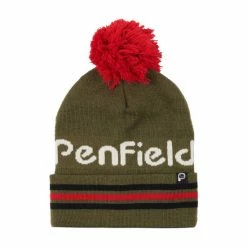 Penfield Green Intarsia Knit Striped Bobble Hat